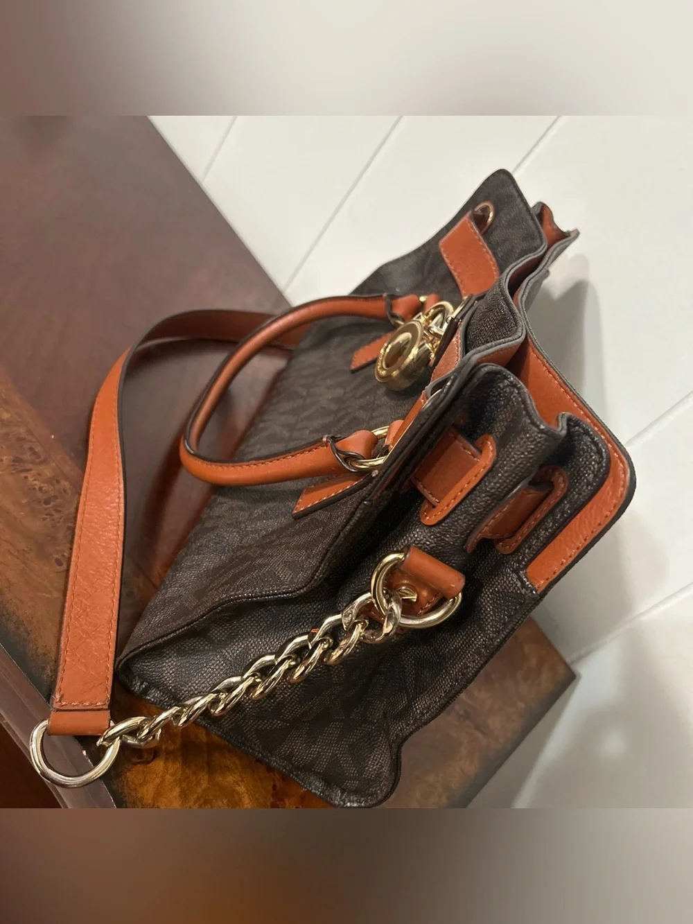 Michael Kors Hamilton Satchel Brown Monogram Canvas Tan Leather Gold Padlock Bag